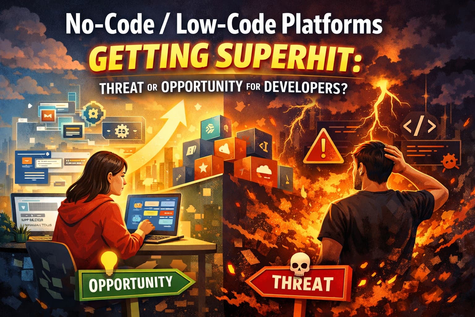 Developer choosing between low-code/no-code platforms and traditional coding.